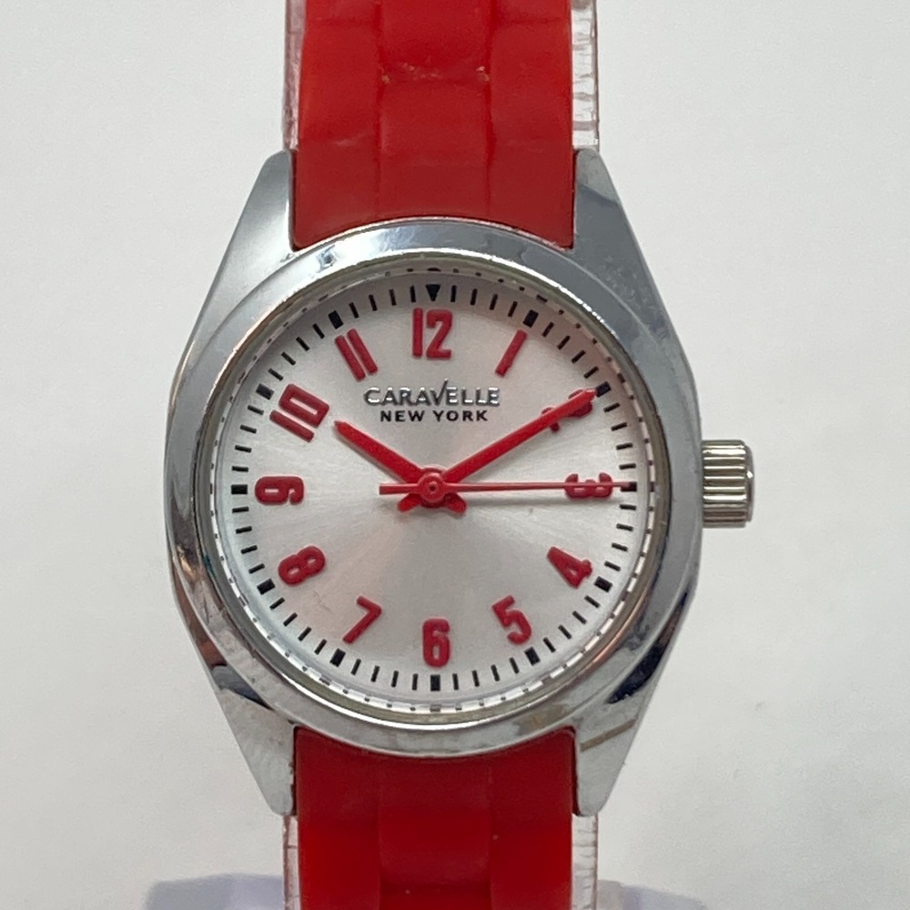 Caravelle Watch Women Silver Tone 24mm Red Silicone Band New Battery 2016 8.5"